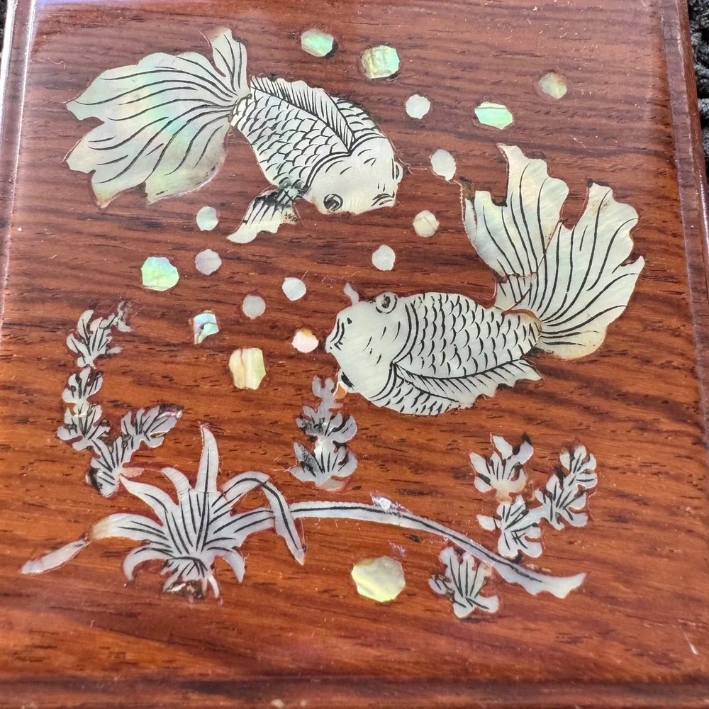 Vintage Chinese Trinket Box Mother of Pearl Inlay Rosewood Koi Fish Jewelry 3.5